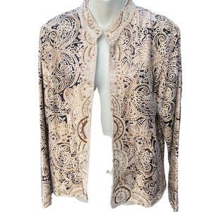 Chico's Long Sleeve Floral 100% Silk Open Front Beaded Jacket Cream & Black SZ 2